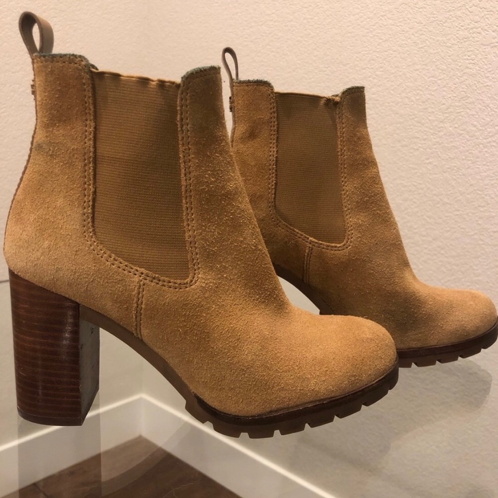 Tory Burch Camel Suede Block Heel Booties